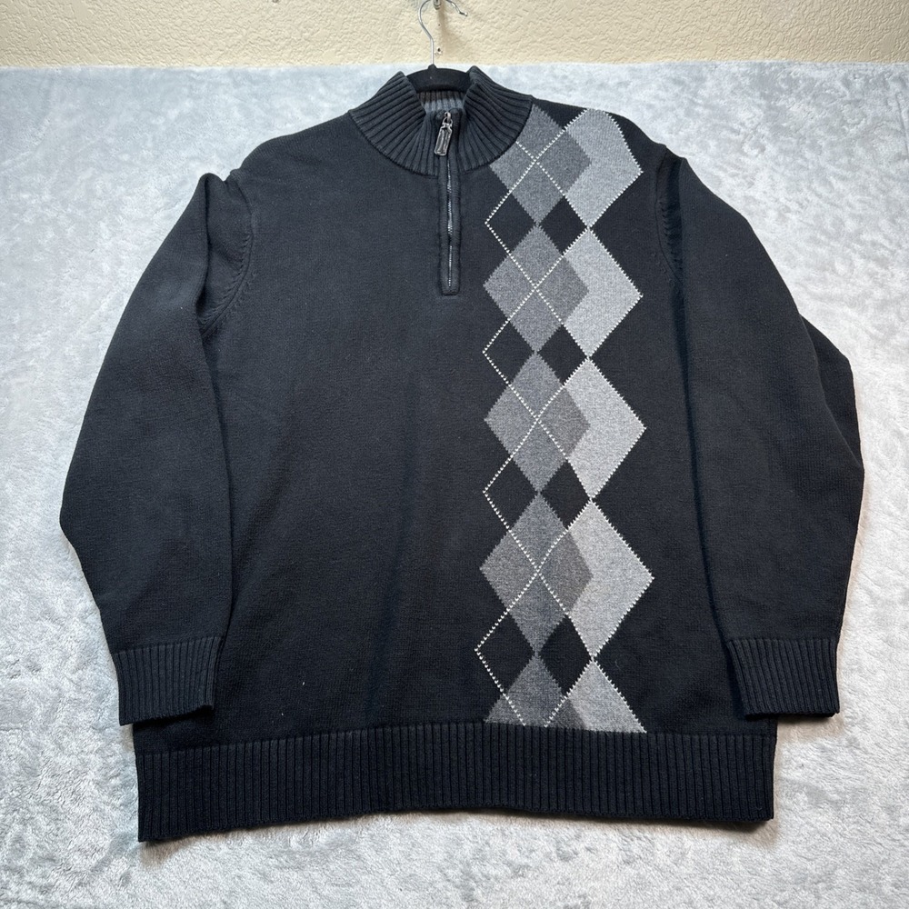 Oscar De La Renta Sweater Men M‎ Black Quarter Zip Argyle Pullover Mock Neck